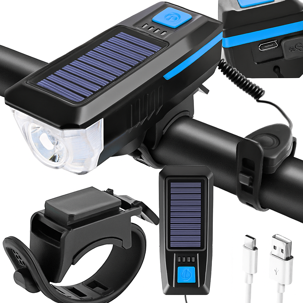 Set far pentru bicicleta solar, claxon si semnal sonor, UBX, LED, 3 moduri iluminare, USB, 6 melodii, 11x3.5x4 cm, negru/albastru Set far pentru bicicleta solar, claxon si semnal sonor, UBX, LED, 3 moduri iluminare, USB, 6 melodii, 11x3.5x4 cm, negru/albastru